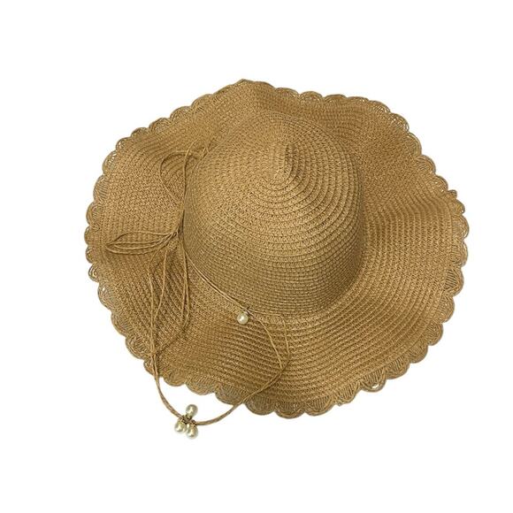Straw Hat foldable with bow and pearl design one size - Picture 2 of 4